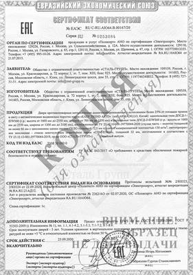 Сертификат на двери противопожарные однопольные и двупольные с остеклением более 25% EIW 60
